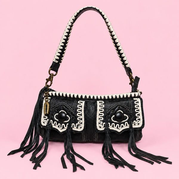 Betsey Johnson Black & White Whipstitch Fringe Mini Shoulder Bag