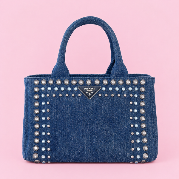 Prada Studded Denim Canapa Tote Bag