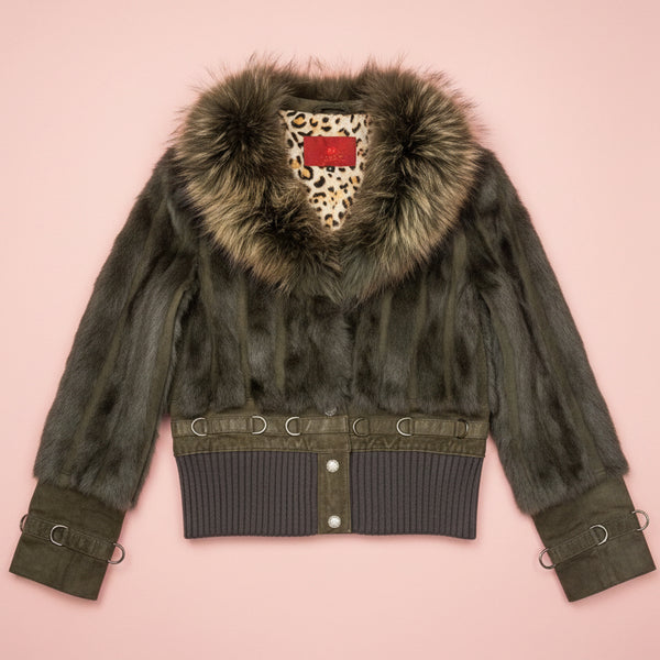 Olive Green Fur Trim Cropped Jacket with D-Ring Details Outerwear
