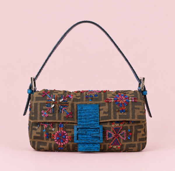 Fendi Zucca Lizard Beaded Baguette