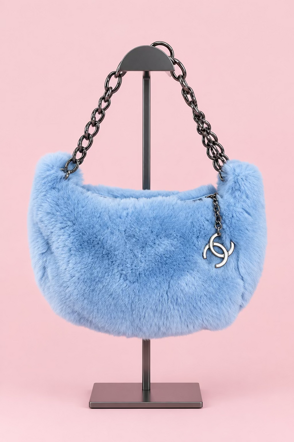 CHANEL Light Blue Lapin Fur Hobo Bag
