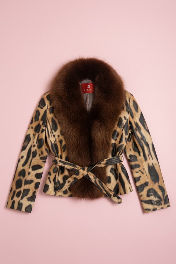 Leopard Print Leather Belted Jacket with Fur Collar Coats & Jackets Multicolor
