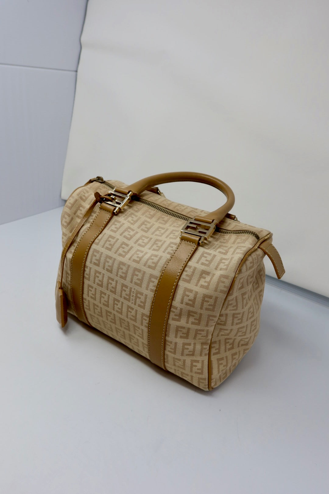 Fendi Zucchino Beige Canvas Boston Bag
