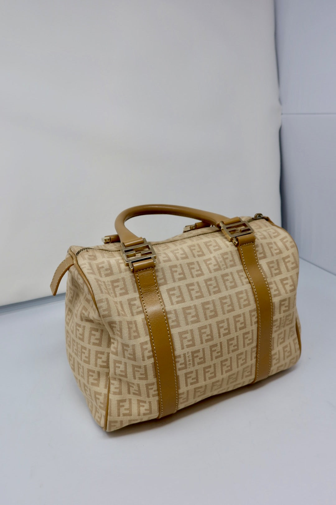 Fendi Zucchino Beige Canvas Boston Bag