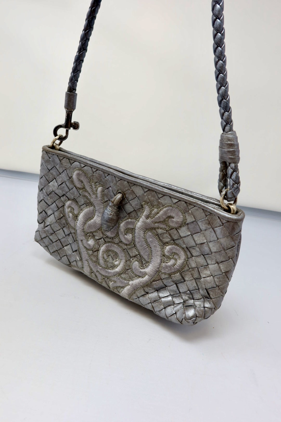 Bottega Veneta Intrecciato Leather Silver Shoulder Bag