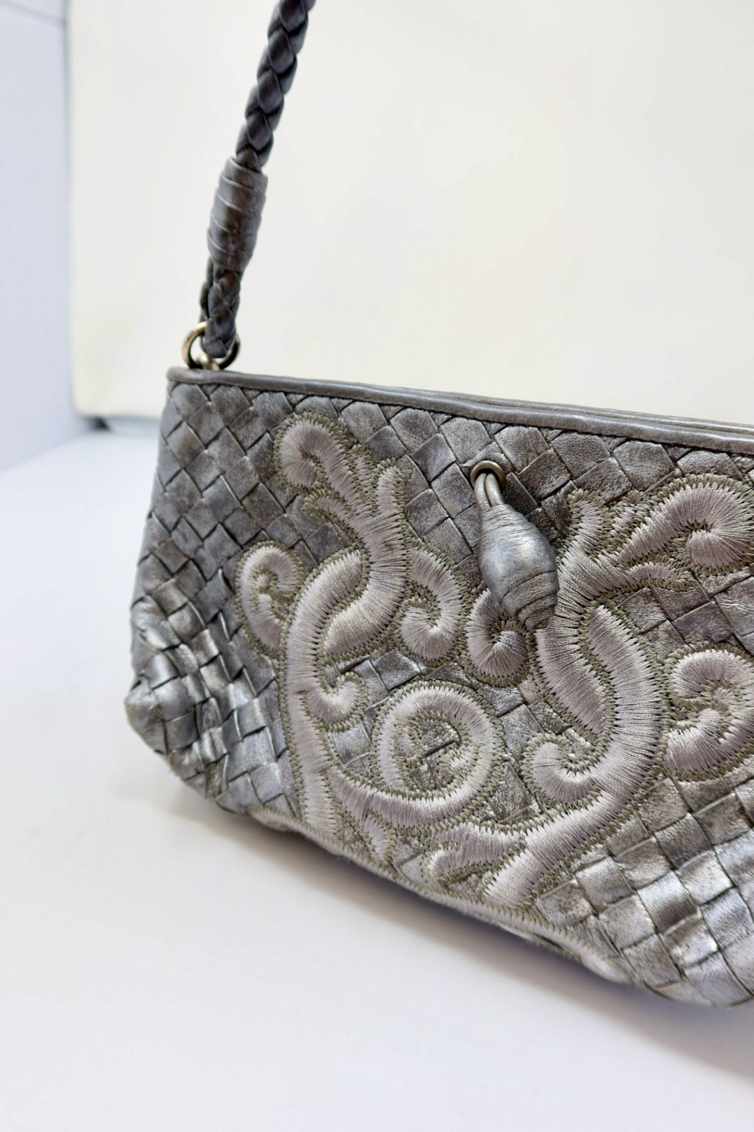 Bottega Veneta Intrecciato Leather Silver Shoulder Bag