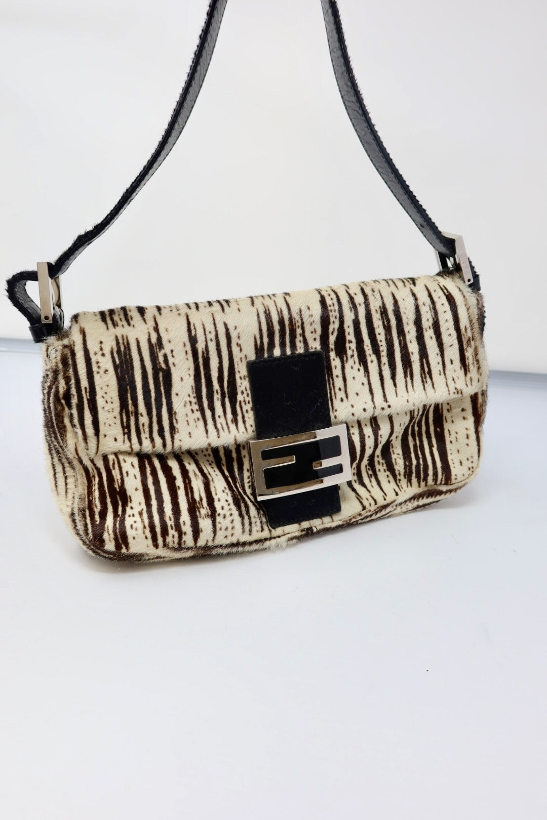 Fendi Pony Hair Striped Black and White Shoulder Bag