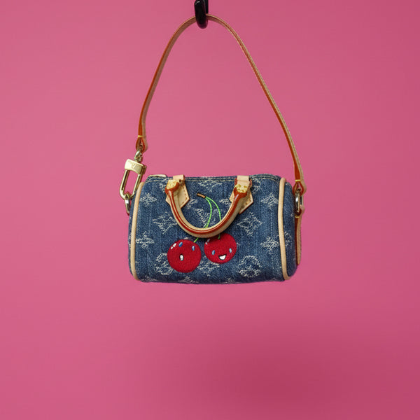 Louis Vuitton x TM Cherry Micro Speedy Bag Charm with Strap, original box, and duster