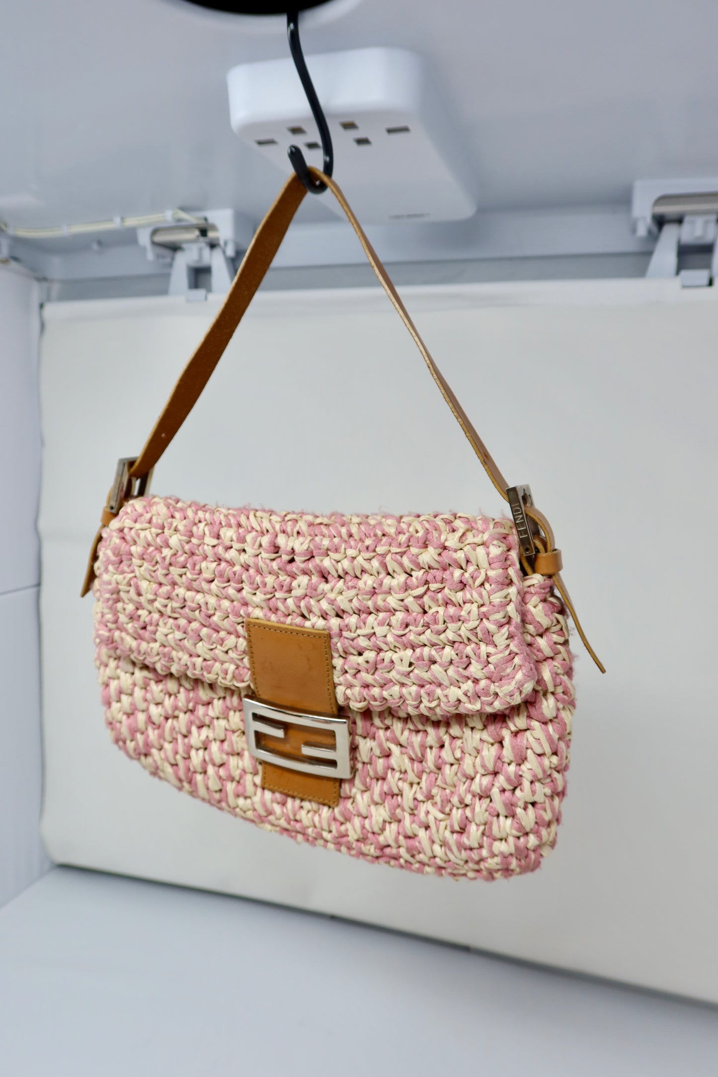 Fendi Pink and White Crochet Baguette - Under $2000