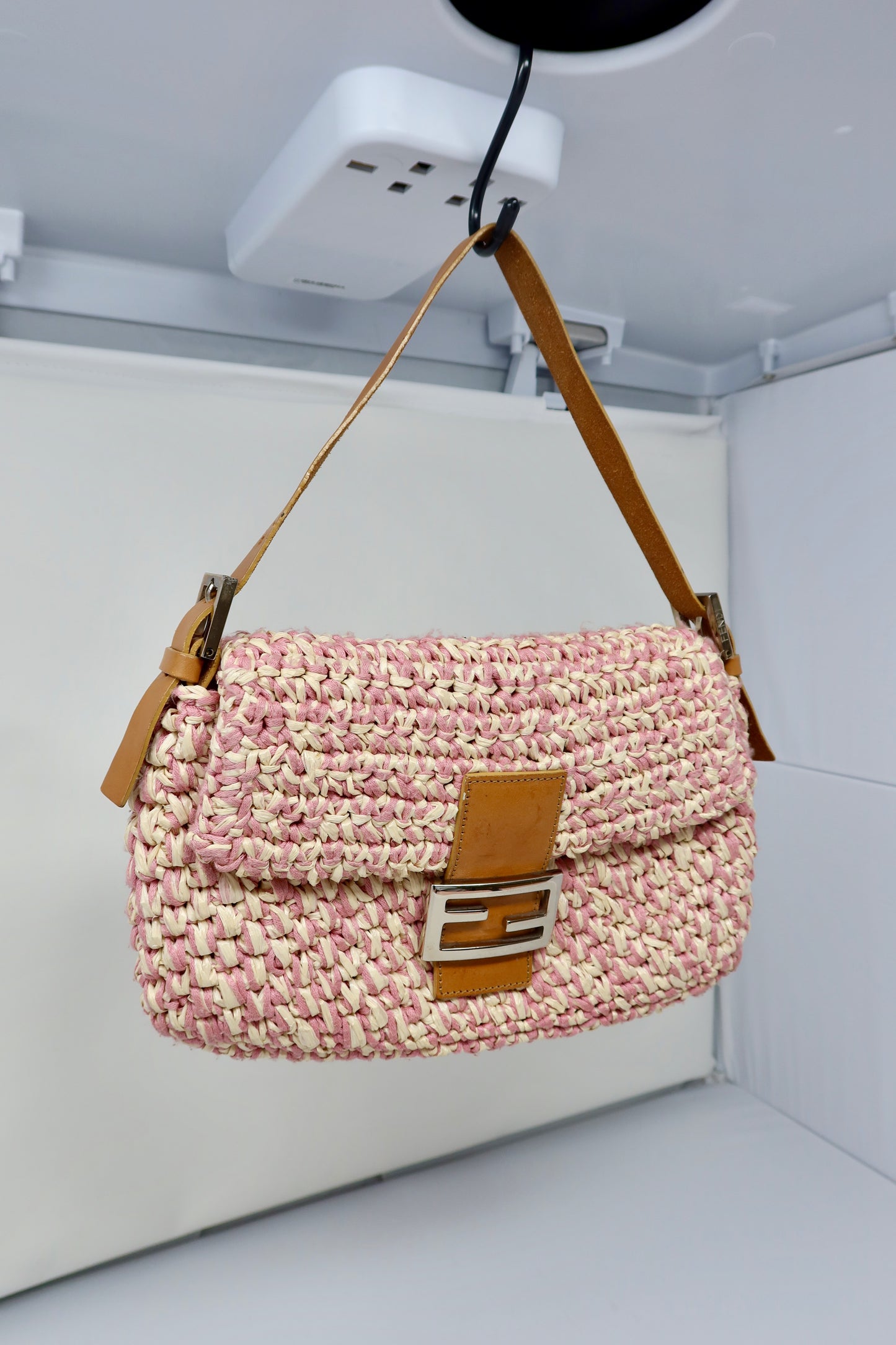 Fendi Pink and White Crochet Baguette - Under $2000