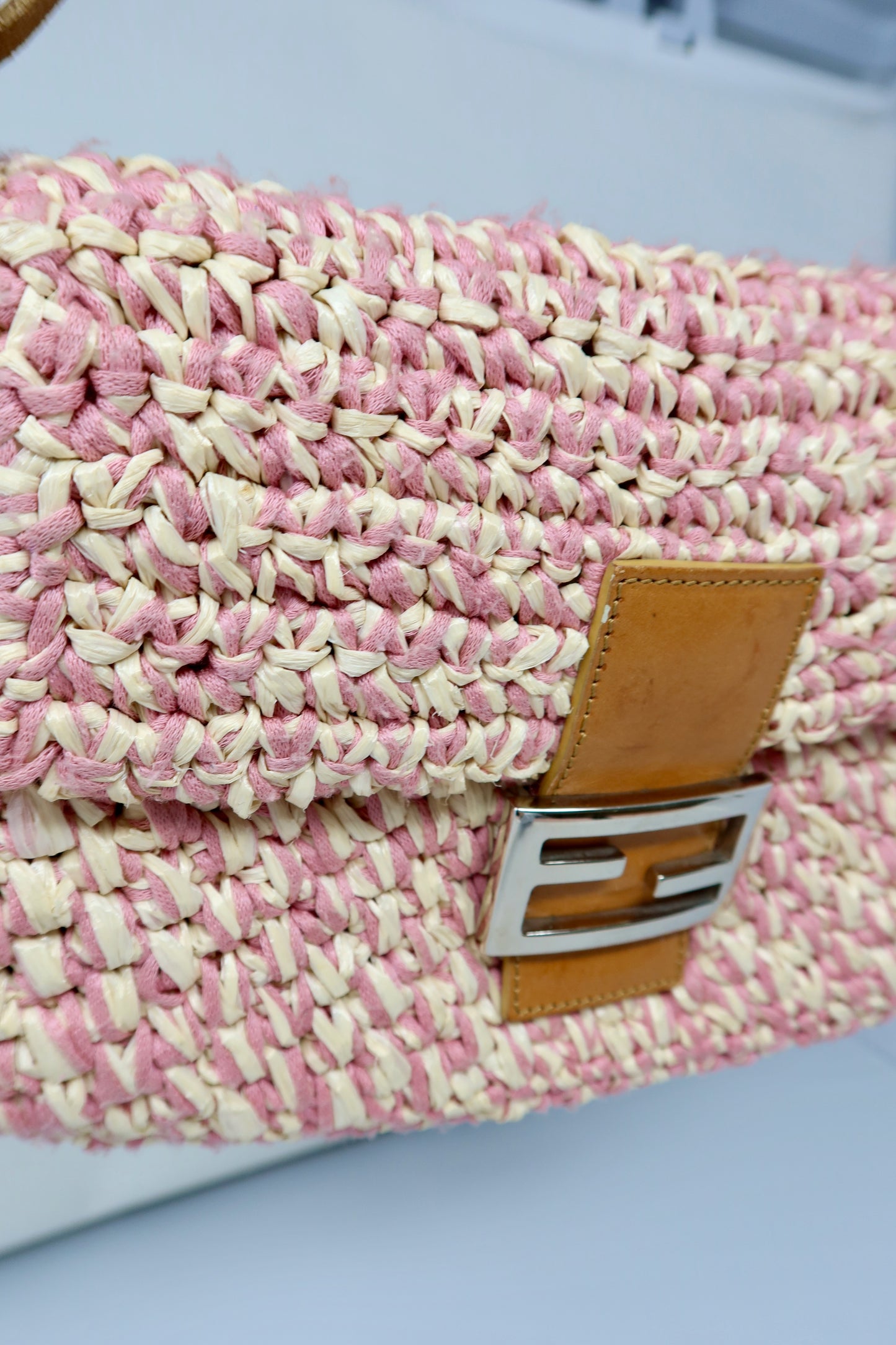 Fendi Pink and White Crochet Baguette - Under $2000