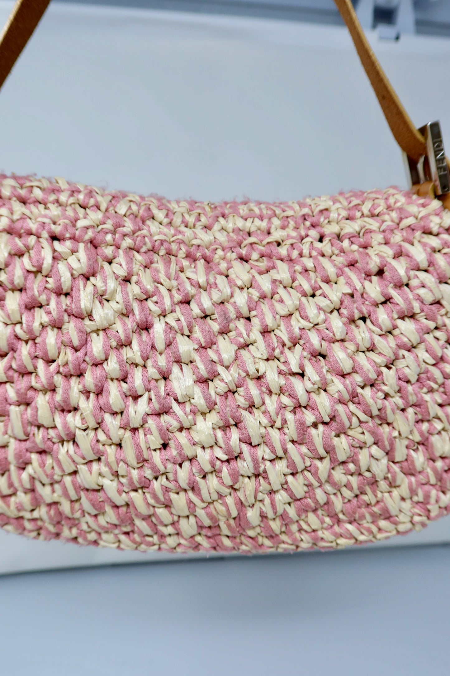Fendi Pink and White Crochet Baguette - Under $2000