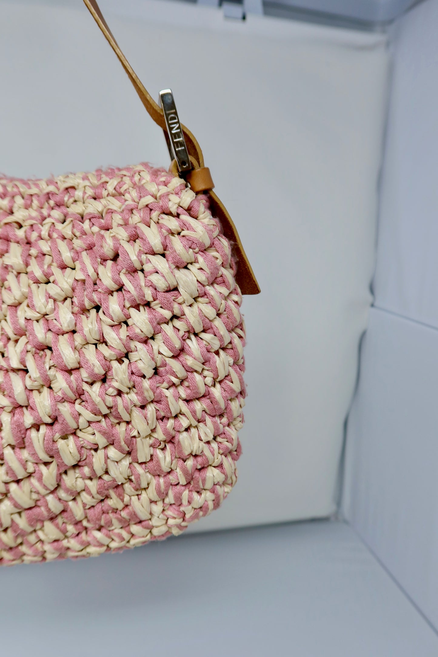 Fendi Pink and White Crochet Baguette - Under $2000