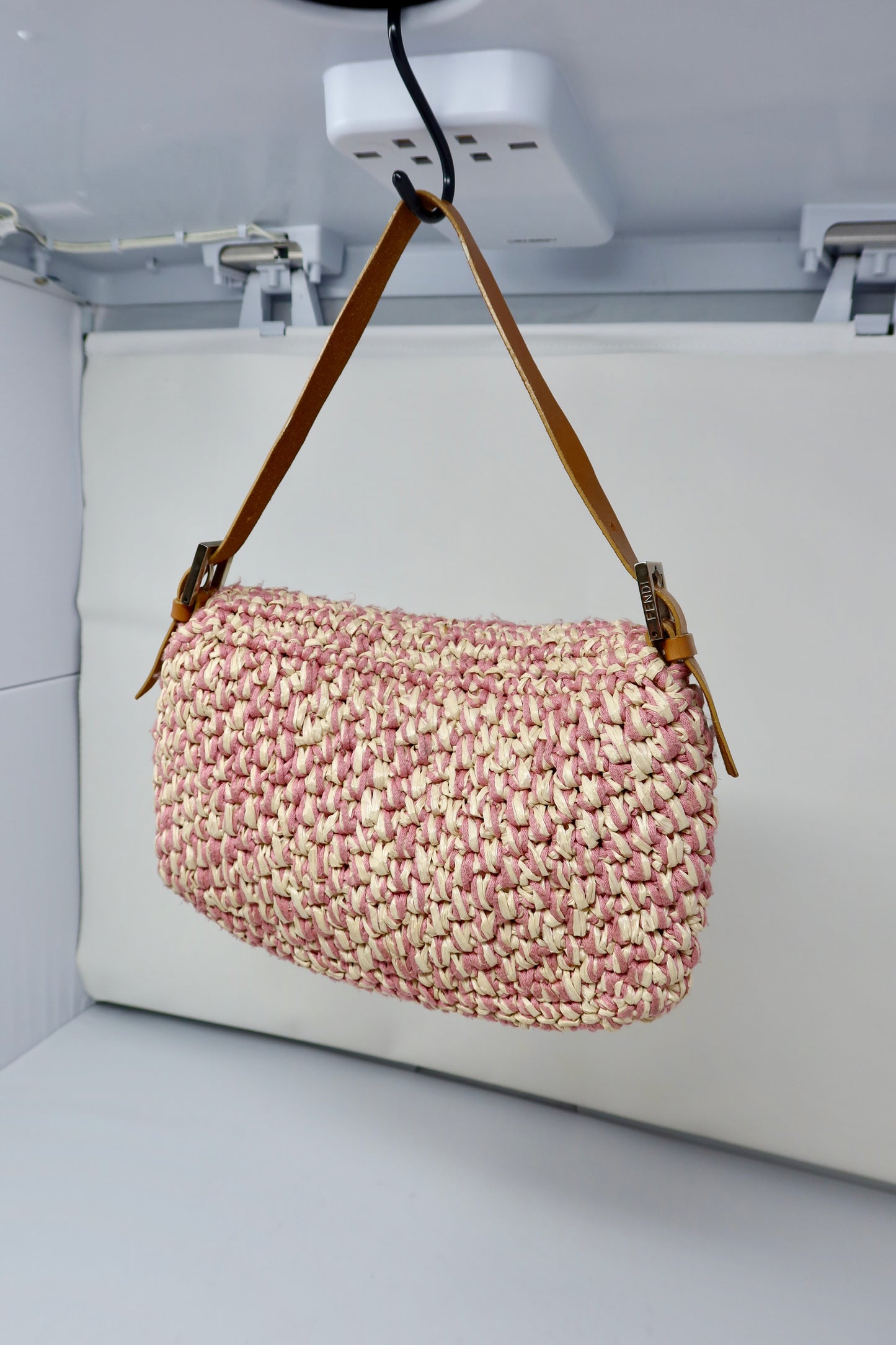 Fendi Pink and White Crochet Baguette - Under $2000