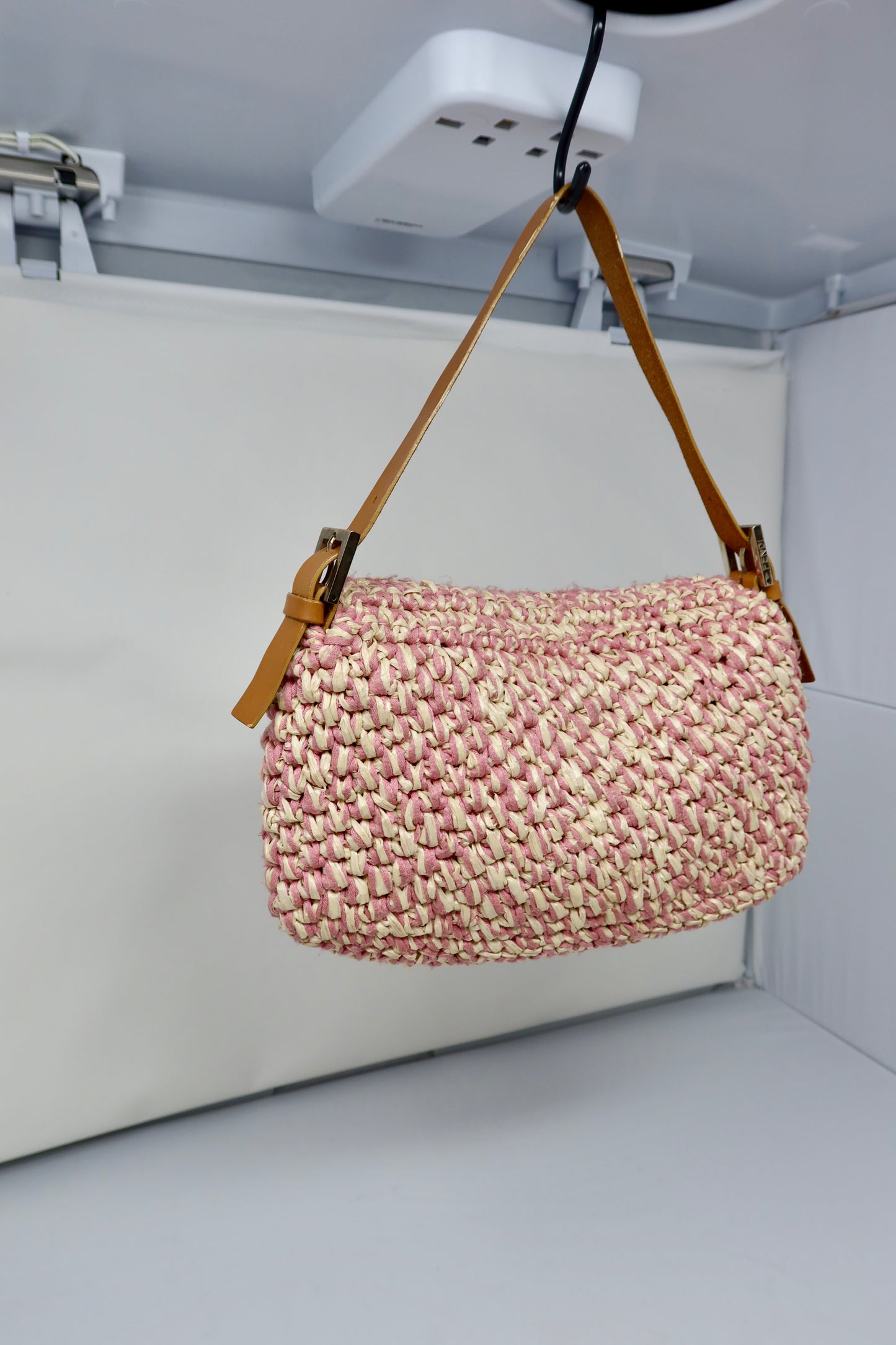 Fendi Pink and White Crochet Baguette - Under $2000