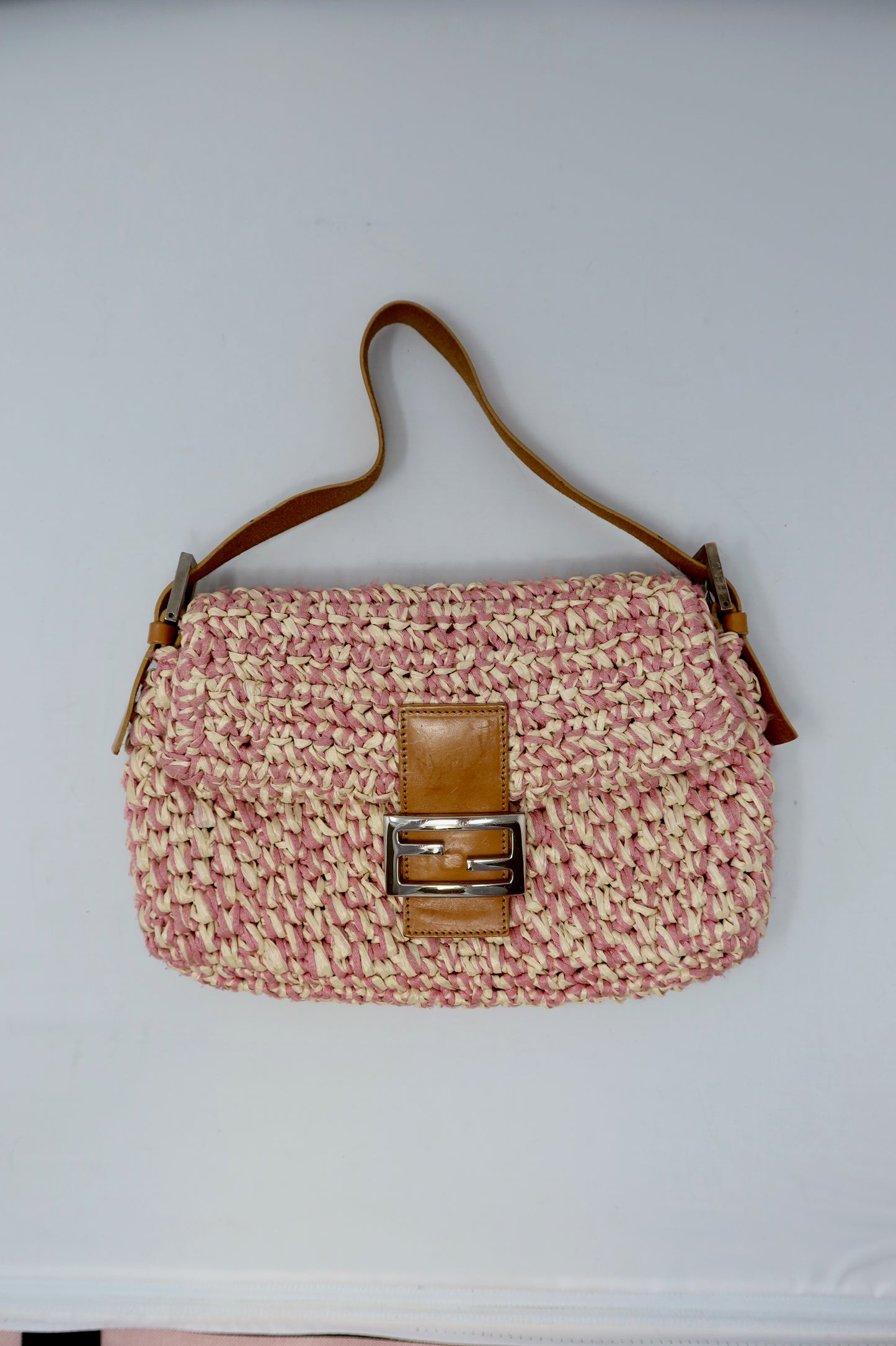 Fendi Pink and White Crochet Baguette - Under $2000