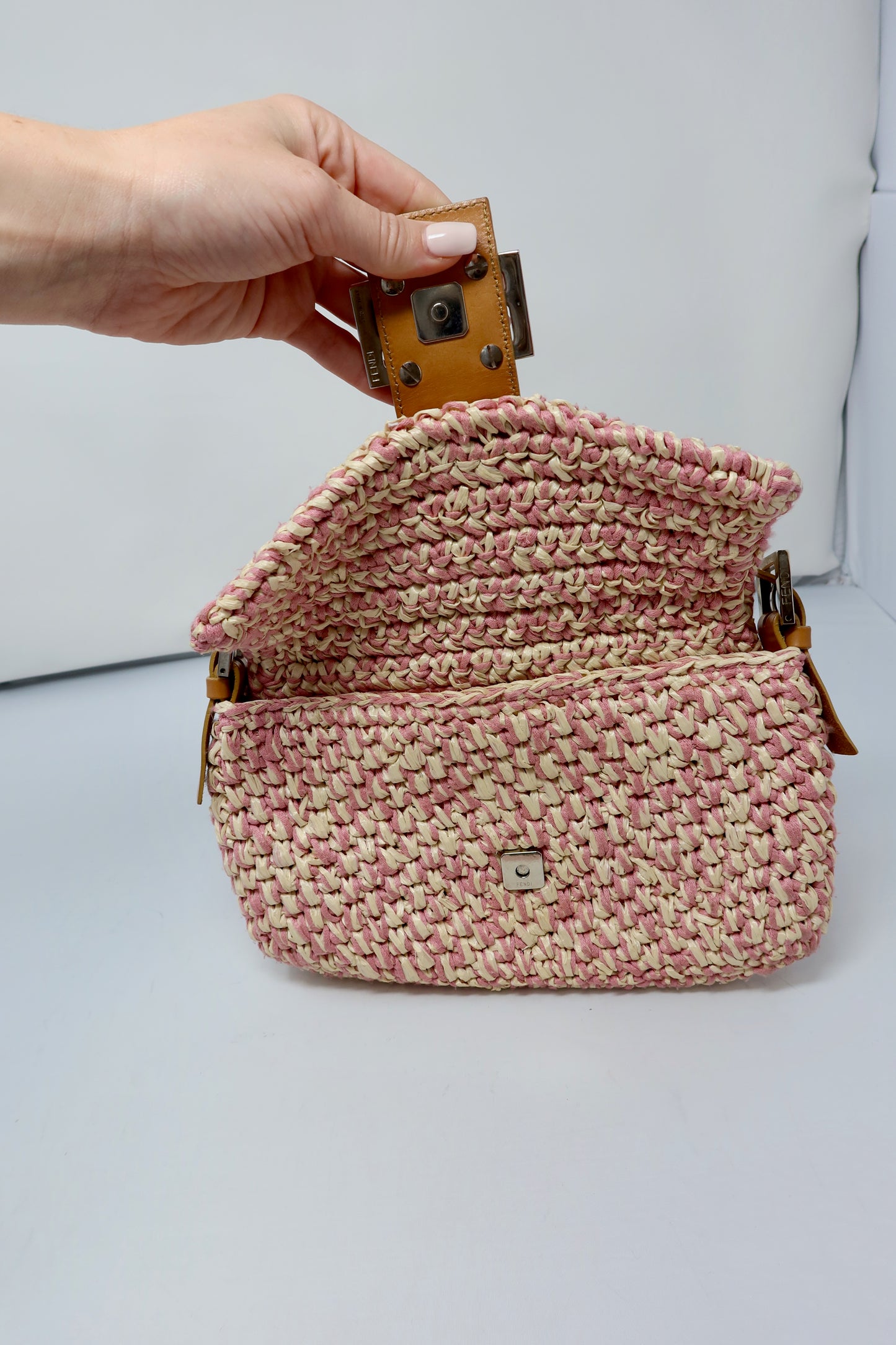 Fendi Pink and White Crochet Baguette - Under $2000
