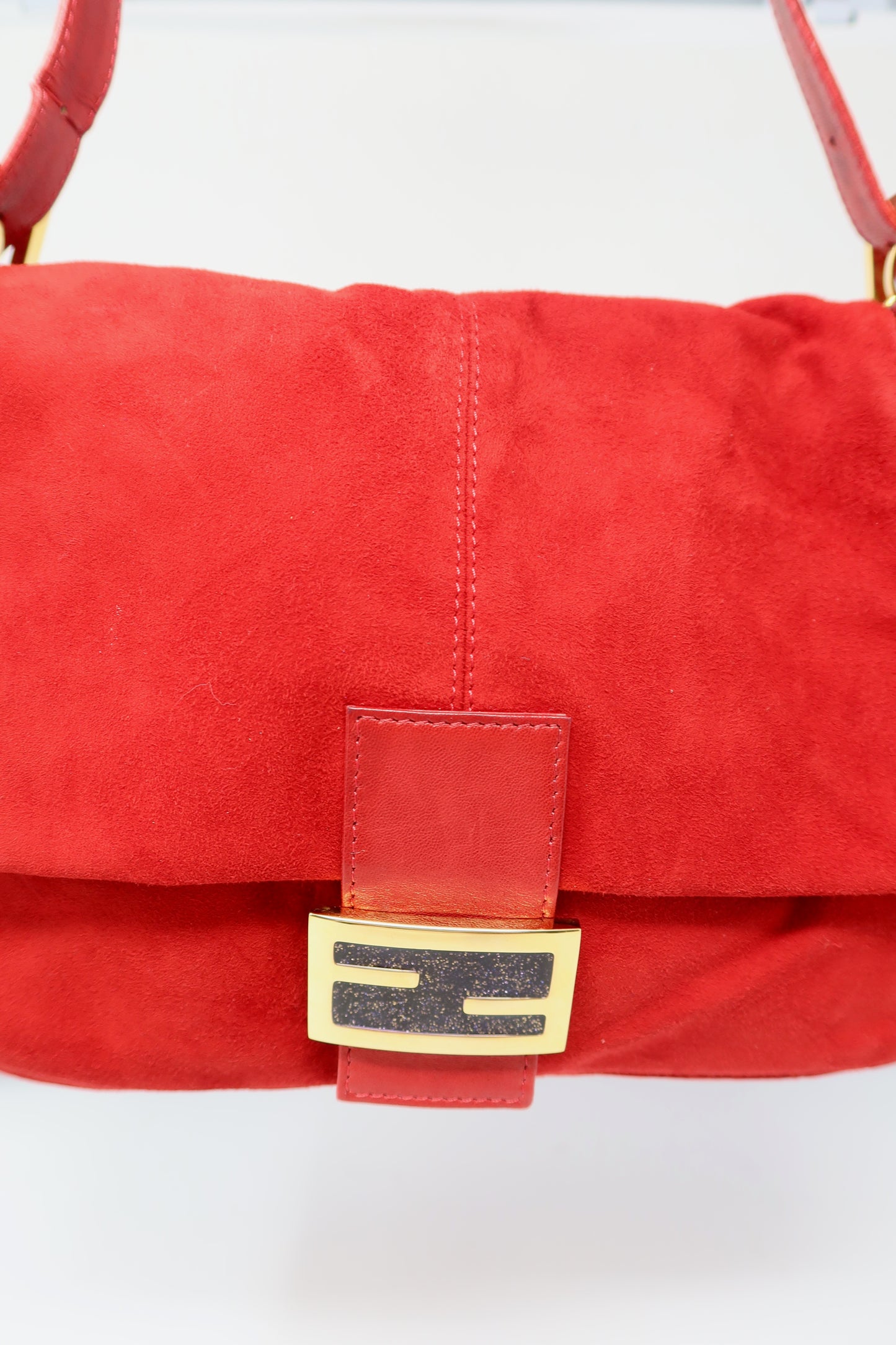 Fendi Red Suede Mamma Baguette Bag