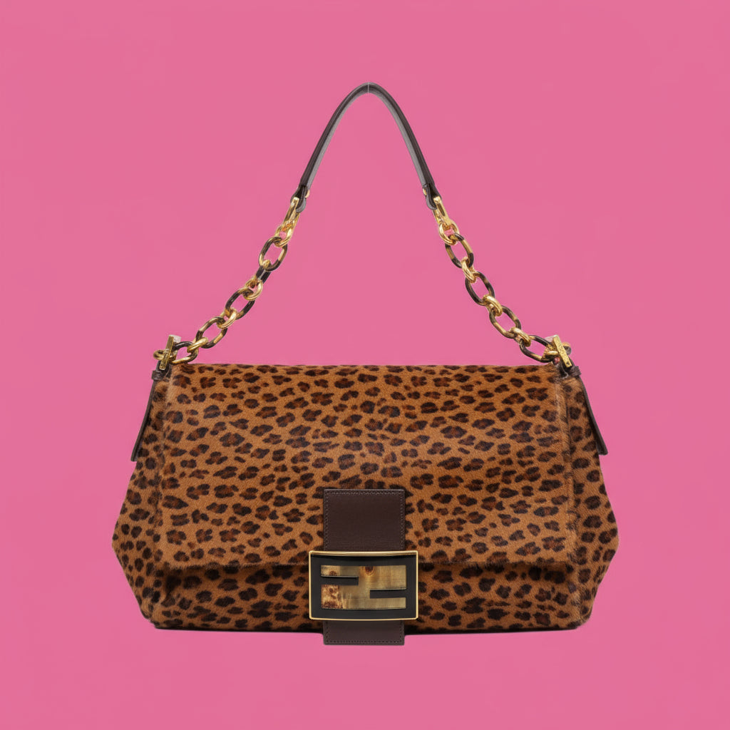 Leopard print handbag with gold accents on a white background