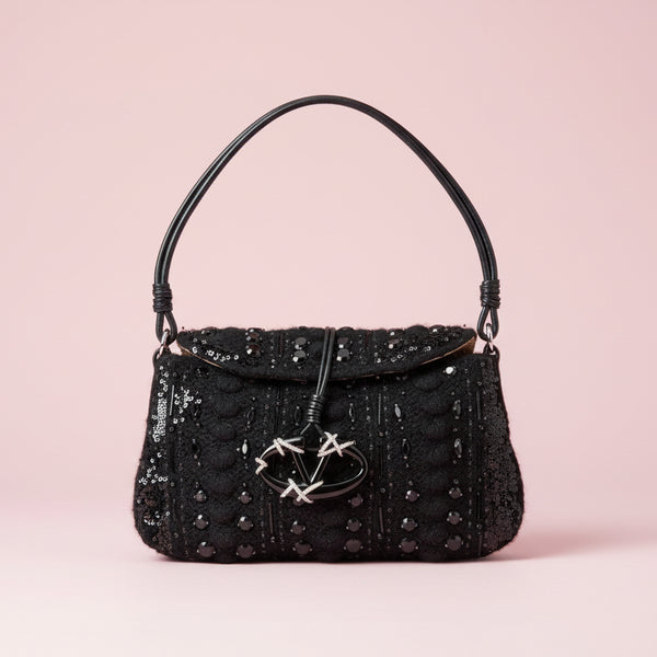 Valentino Vintage Black Crochet Sequin Embellished Shoulder Bag