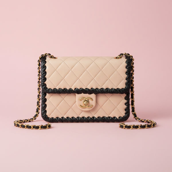 Chanel Light Pink Lambskin & Black Whipstitch