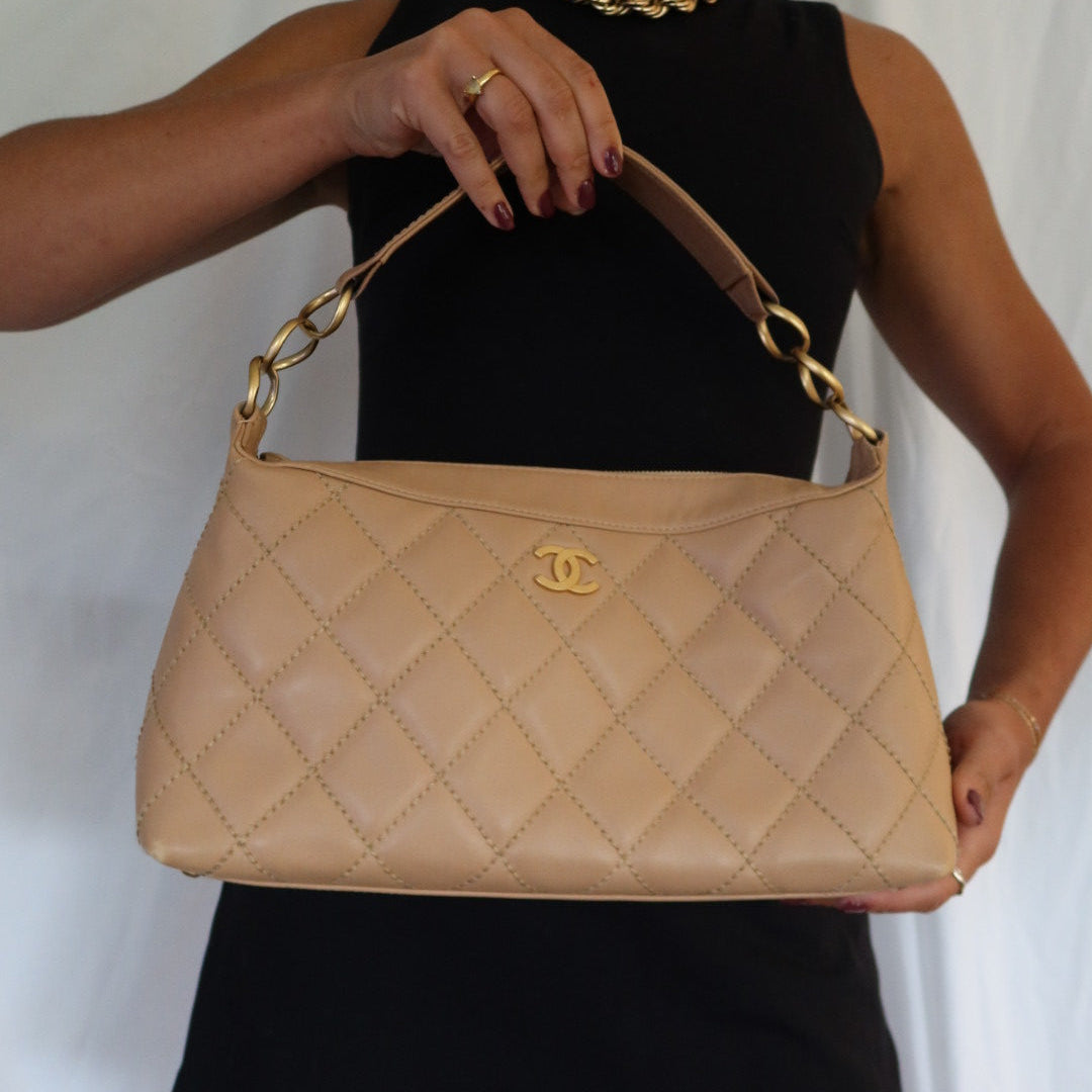 Chanel Beige Quilted Lambskin Vintage Wild Stitch Classic Shoulder Bag