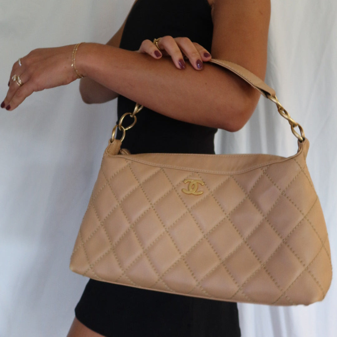 Chanel Beige Quilted Lambskin Vintage Wild Stitch Classic Shoulder Bag