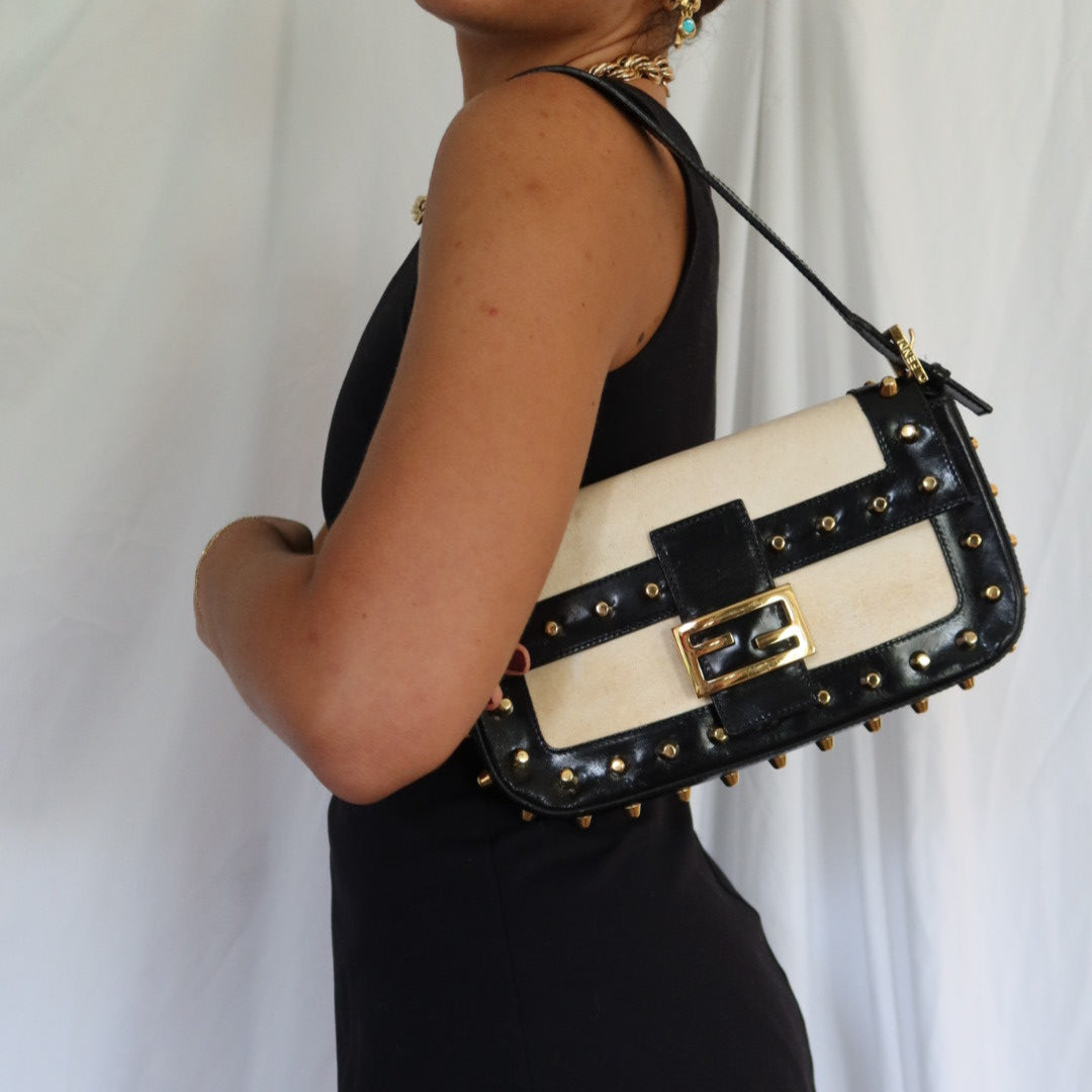 Fendi Parchment Calfskin Studded Baguette Shoulder Bag Black (comes with Duster)