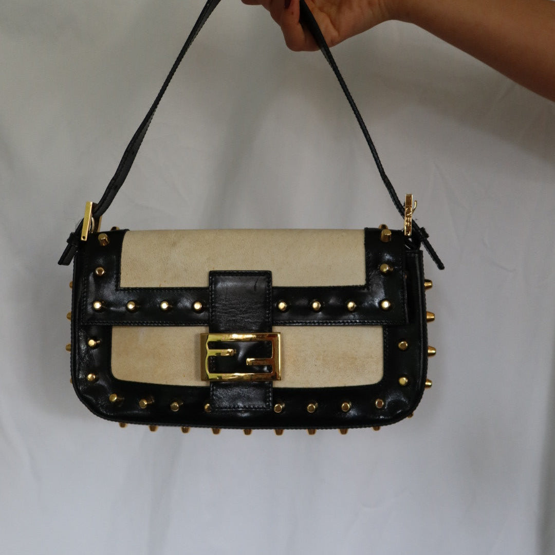 Fendi Parchment Calfskin Studded Baguette Shoulder Bag Black (comes with Duster)