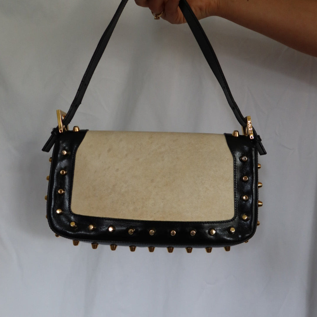 Fendi Parchment Calfskin Studded Baguette Shoulder Bag Black (comes with Duster)