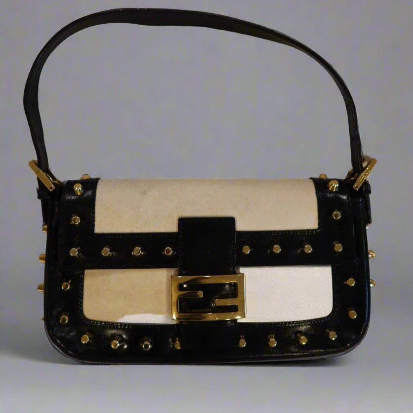 Fendi Parchment Calfskin Studded Baguette Shoulder Bag Black (comes with Duster)