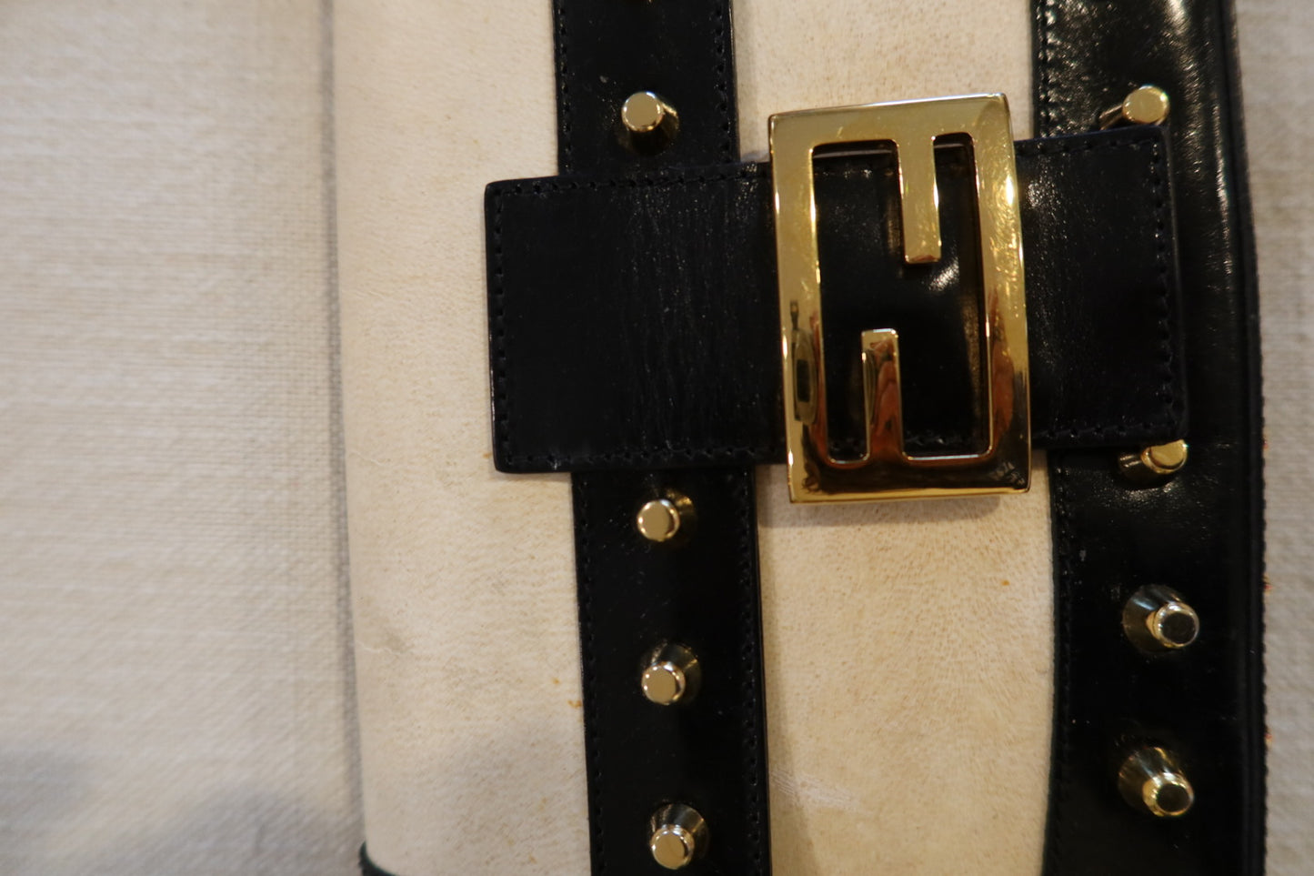Fendi Parchment Calfskin Studded Baguette Shoulder Bag Black (comes with Duster)
