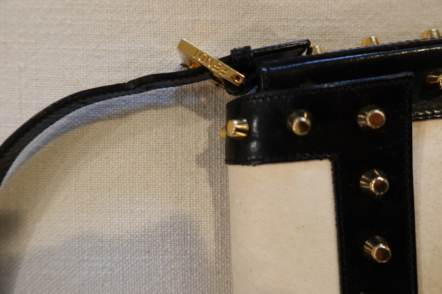 Fendi Parchment Calfskin Studded Baguette Shoulder Bag Black (comes with Duster)
