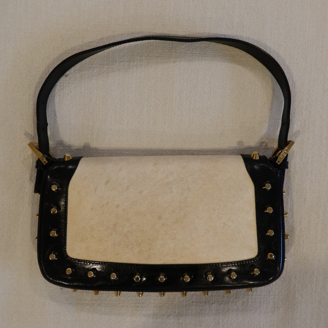 Fendi Parchment Calfskin Studded Baguette Shoulder Bag Black (comes with Duster)