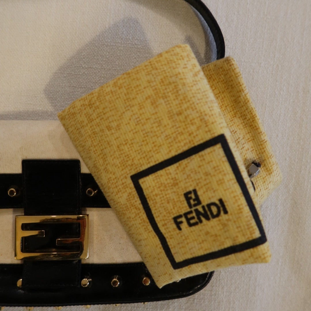 Fendi Parchment Calfskin Studded Baguette Shoulder Bag Black (comes with Duster)