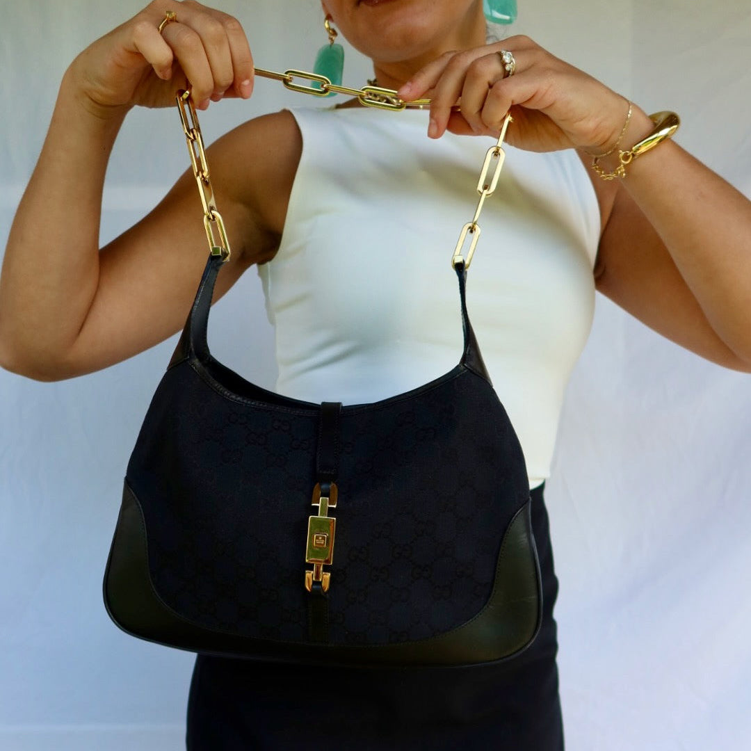 GUCCI Jackie Black GG Canvas Gold Chain