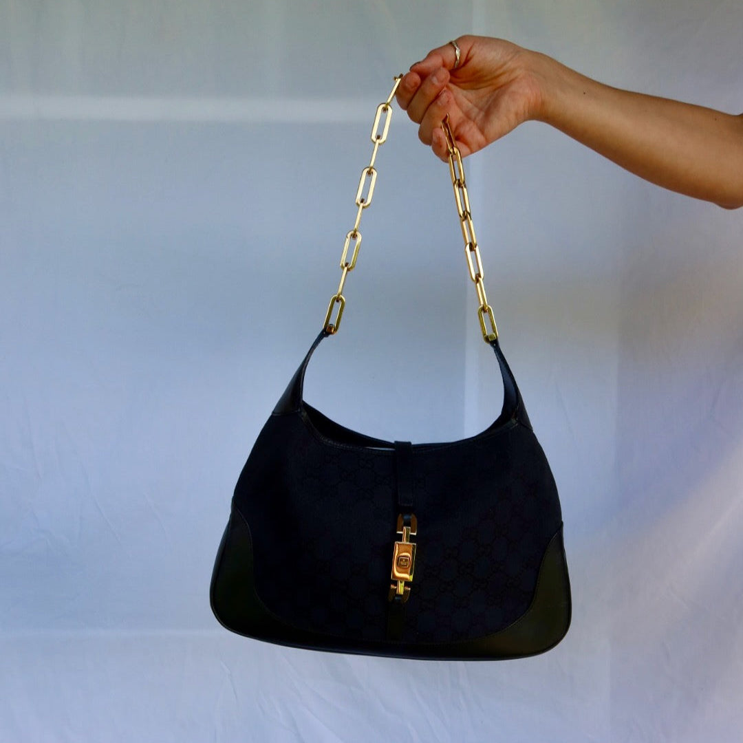 GUCCI Jackie Black GG Canvas Gold Chain