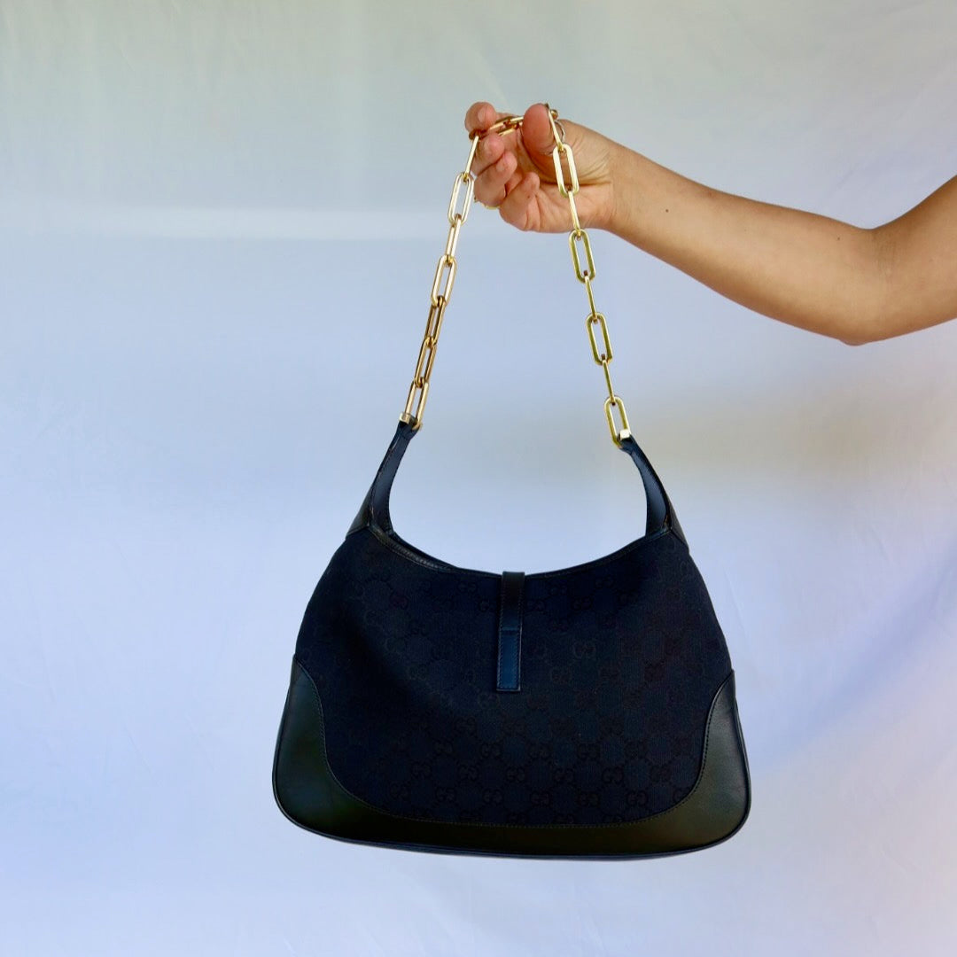 GUCCI Jackie Black GG Canvas Gold Chain