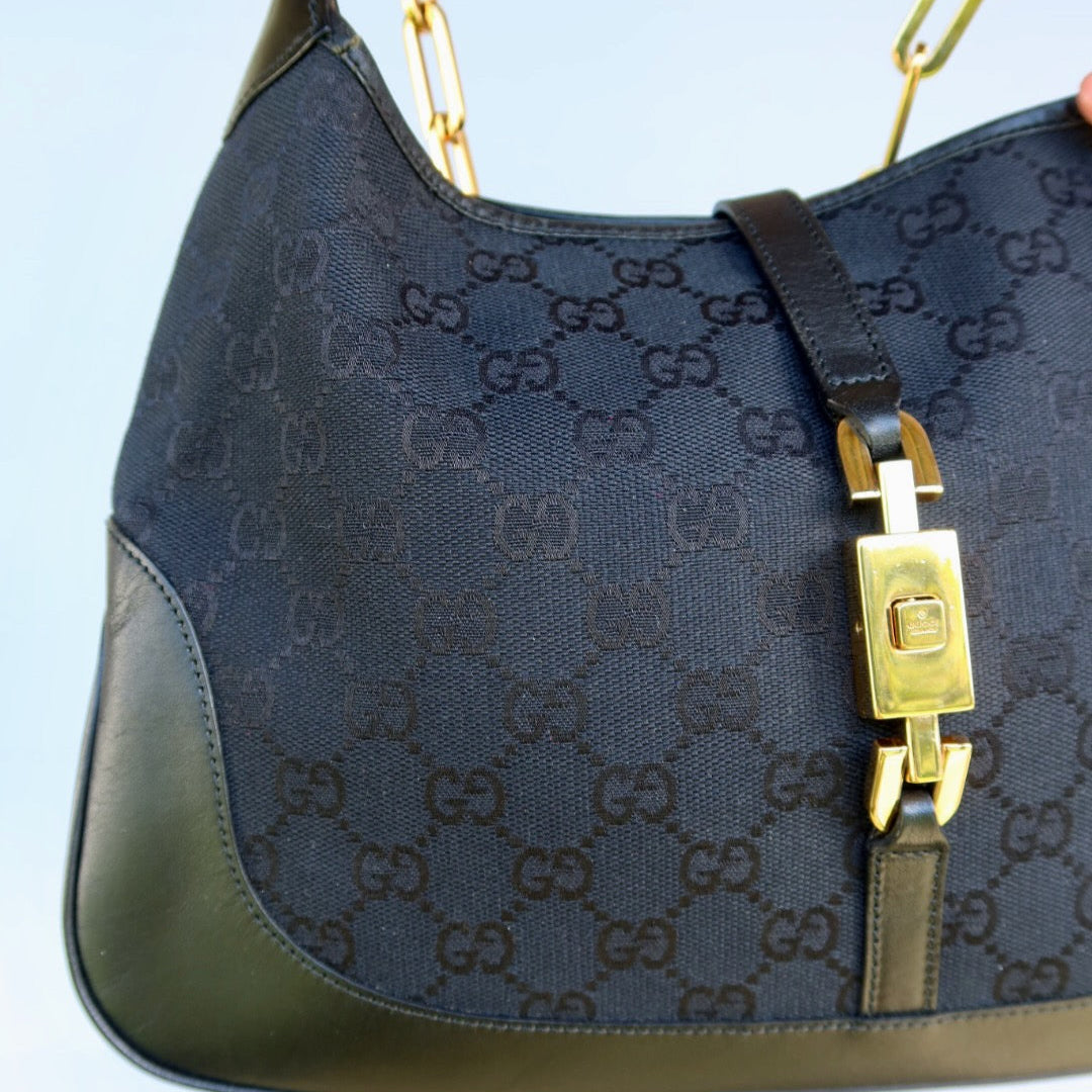 GUCCI Jackie Black GG Canvas Gold Chain