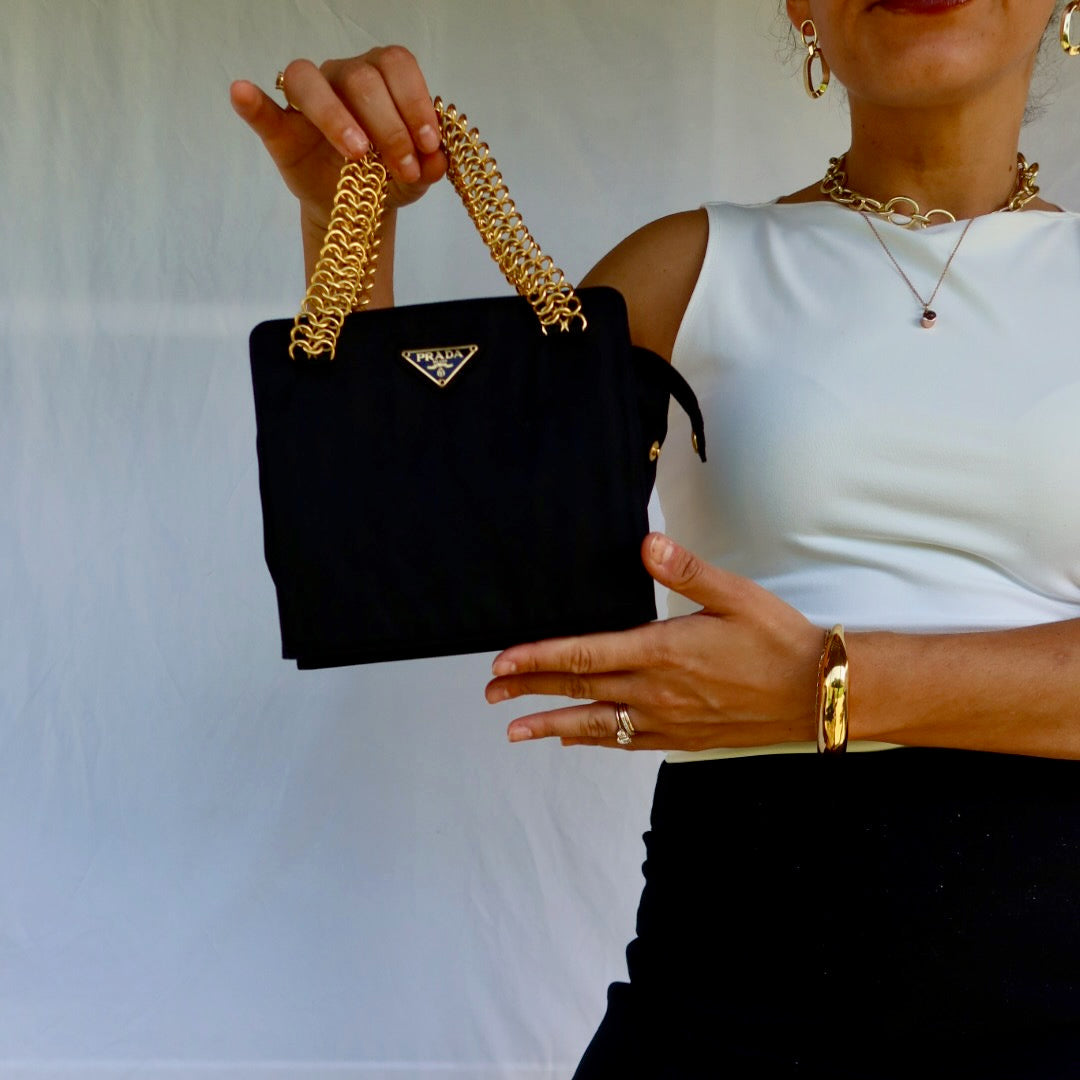 Prada Black Nylon Gold Chain Handbag