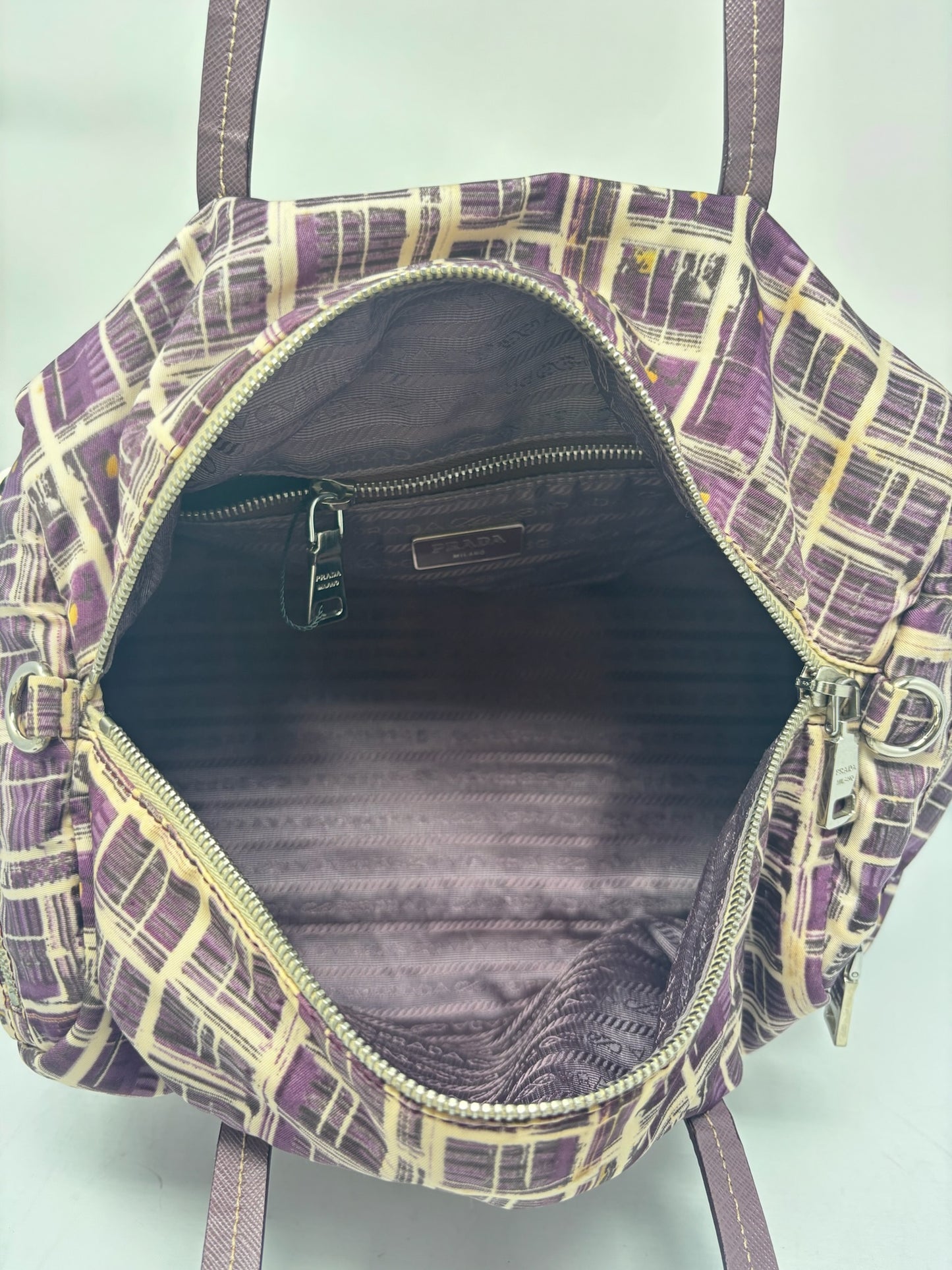 Prada Purple Saffiano-Trimmed Tessuto Stampato Bauletto