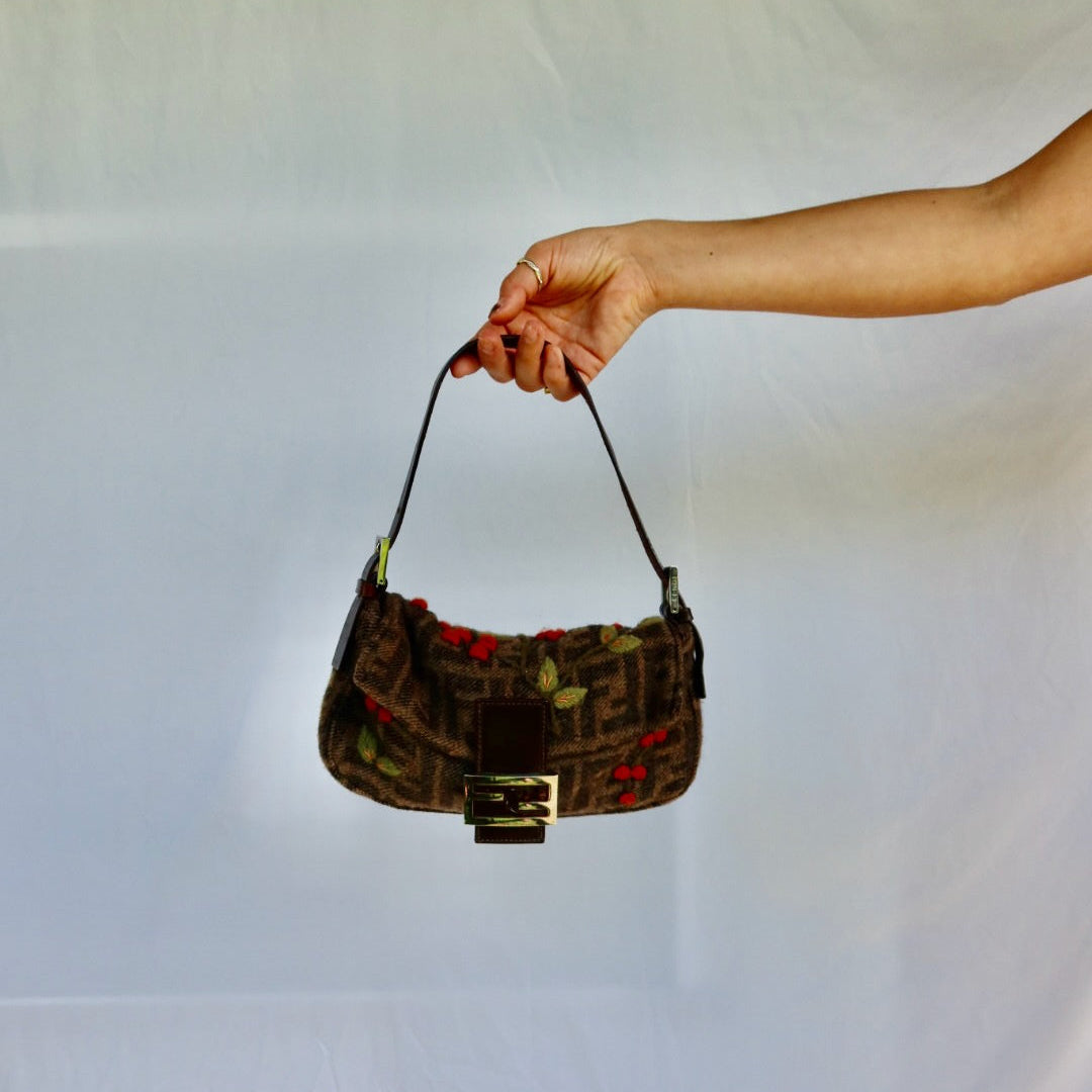 FENDI Baguette Zucca Wool Flower Embroidered