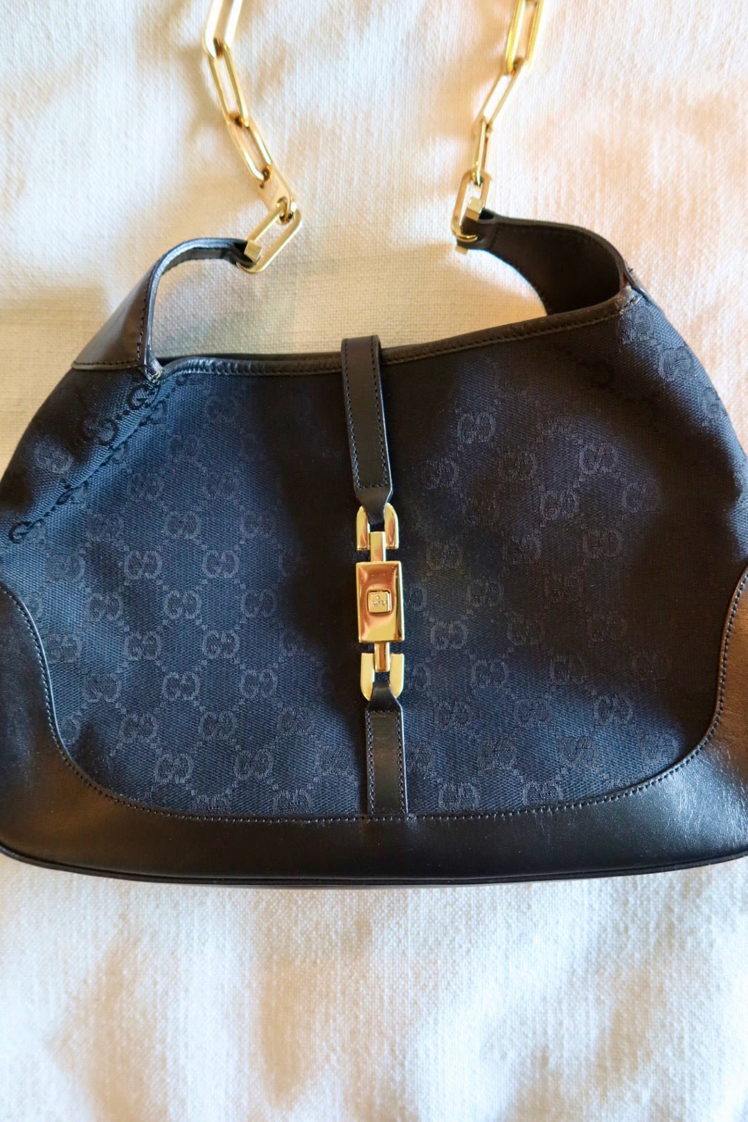 GUCCI Jackie Black GG Canvas Gold Chain