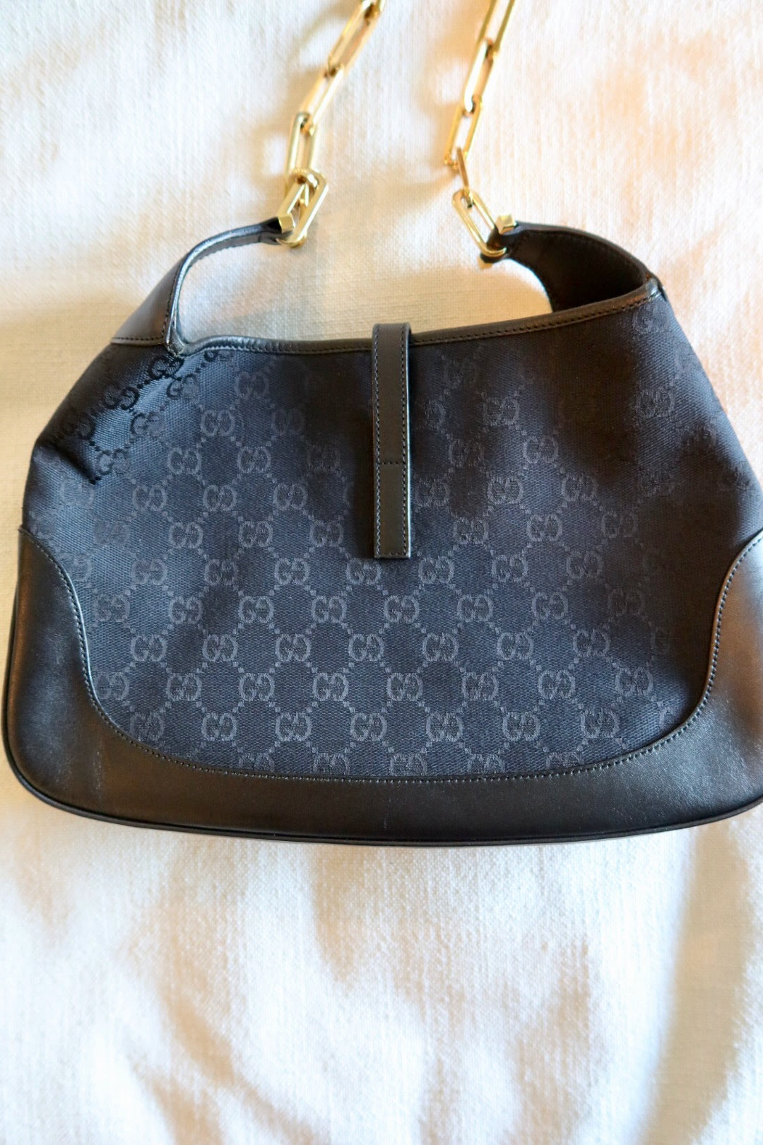 GUCCI Jackie Black GG Canvas Gold Chain