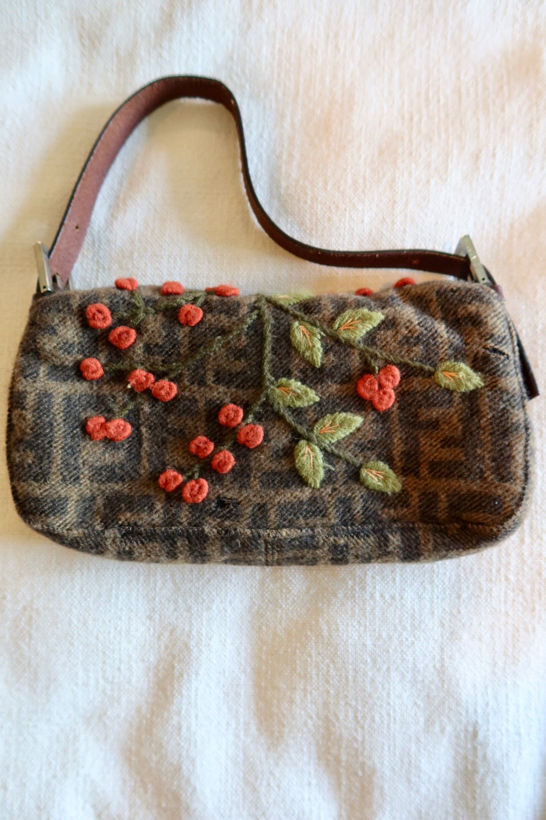 FENDI Baguette Zucca Wool Flower Embroidered