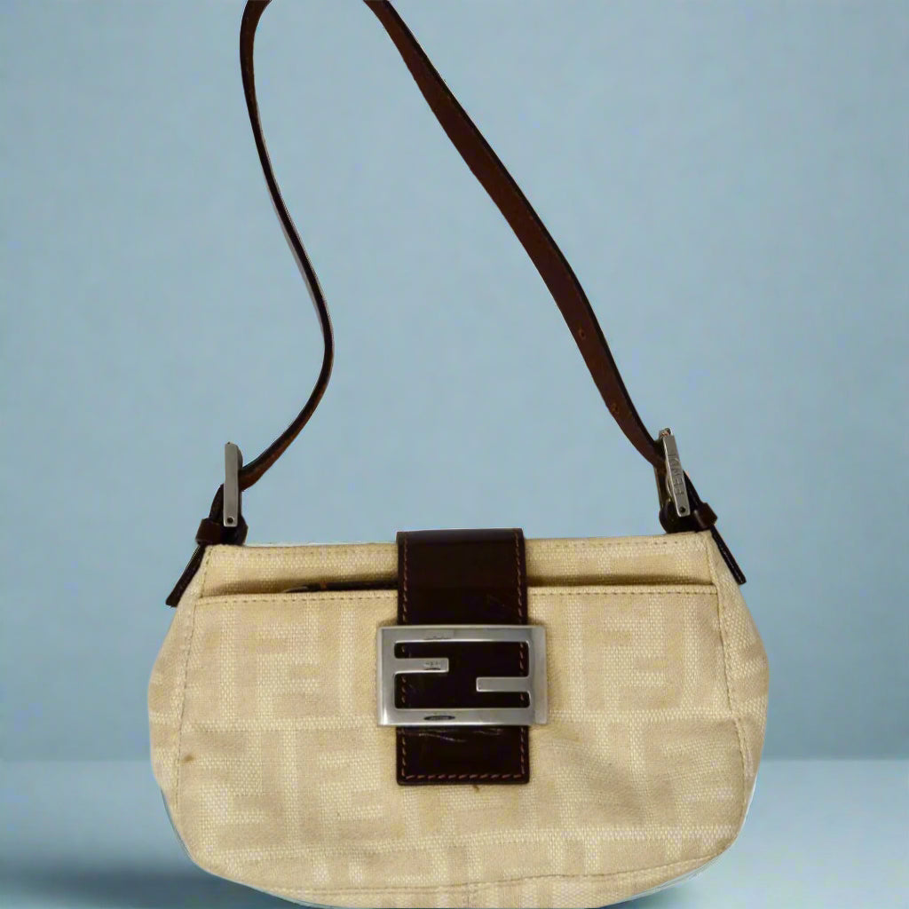 Fendi Zucca Mamma Baguette Canvas Shoulder Bag Beige