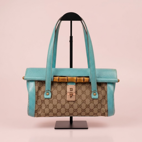 Gucci GG Monogram Canvas & Turquoise Leather Bamboo Bar Tote Bag