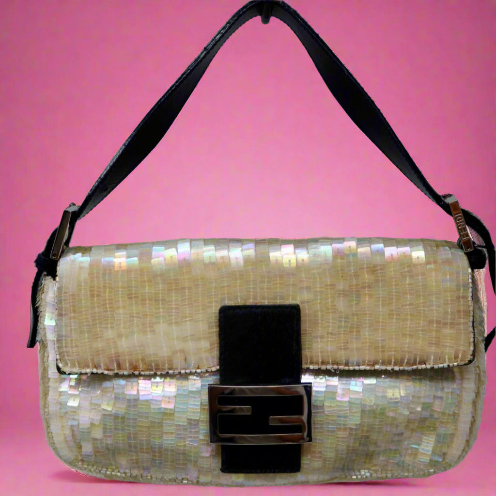 Fendi 1990's Cream Sequin Baguette Bag Ponyhair Trim