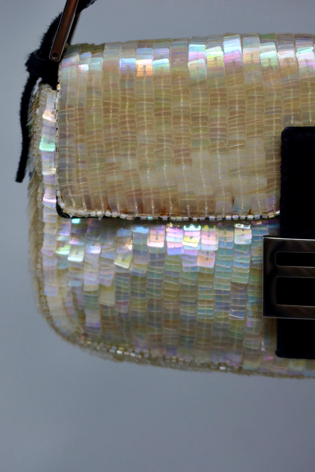 Fendi 1990's Cream Sequin Baguette Bag Ponyhair Trim