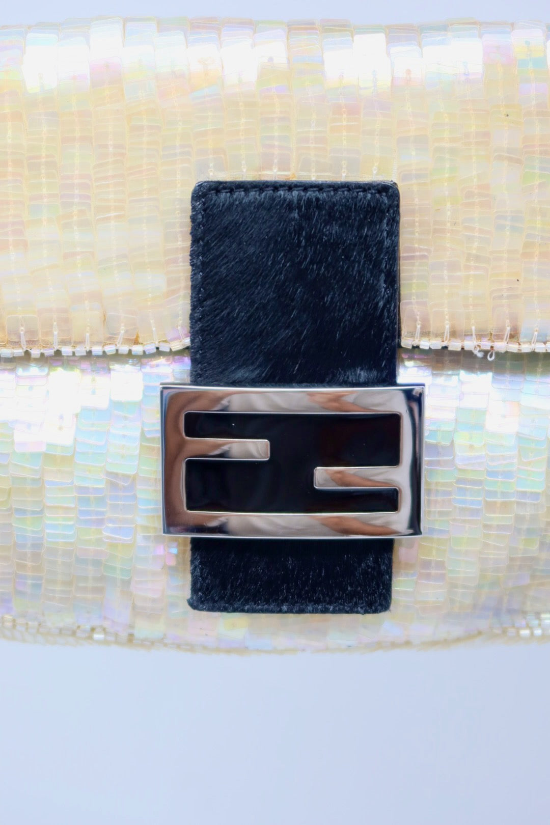 Fendi 1990's Cream Sequin Baguette Bag Ponyhair Trim